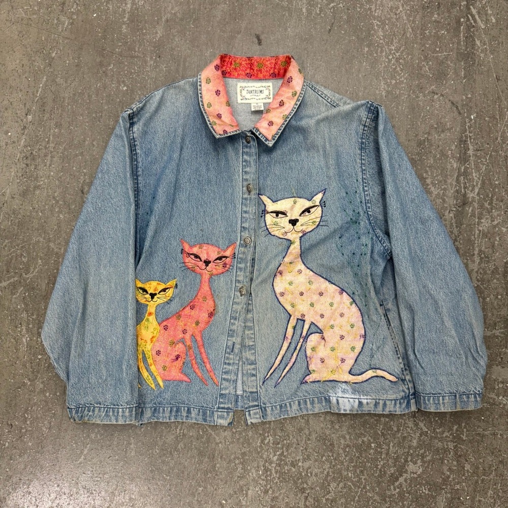 Tantrums Denim Shirt Womens XL Blue Good Embroidered Cat Floral Collar Vintage